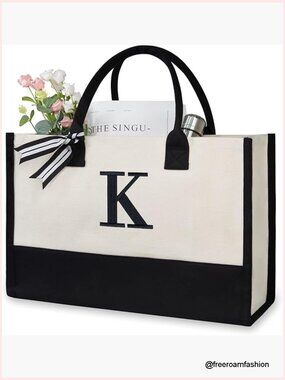 Personalized Monogram Canvas Tote Bag, 17" Heavy Duty Beach Bag Gift